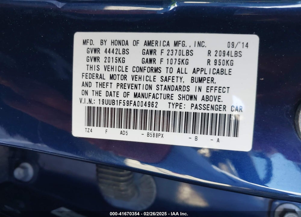 2015 ACURA TLX TECH VIN: 19UUB1F59FA004962