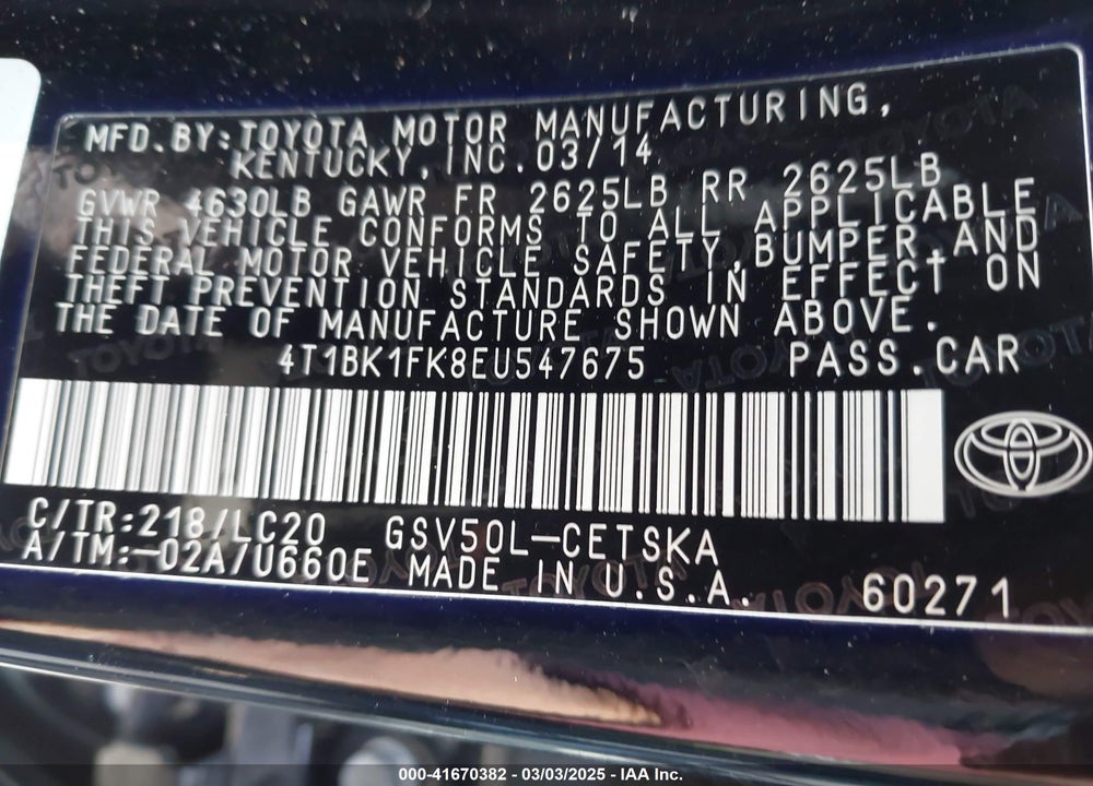 2014 TOYOTA CAMRY VIN: 4T1BK1FK8EU547675