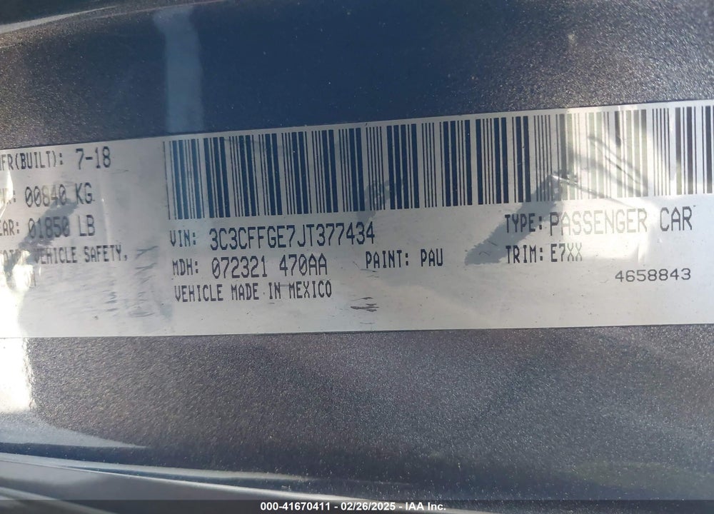 2018 FIAT 500E VIN: 3C3CFFGE7JT377434