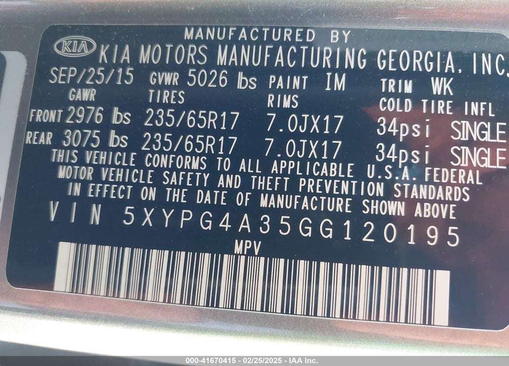2016 KIA SORENTO VIN: 5XYPG4A35GG120195
