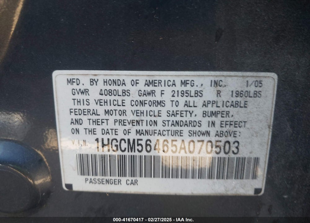 2005 HONDA ACCORD VIN: 1HGCM56465A070503