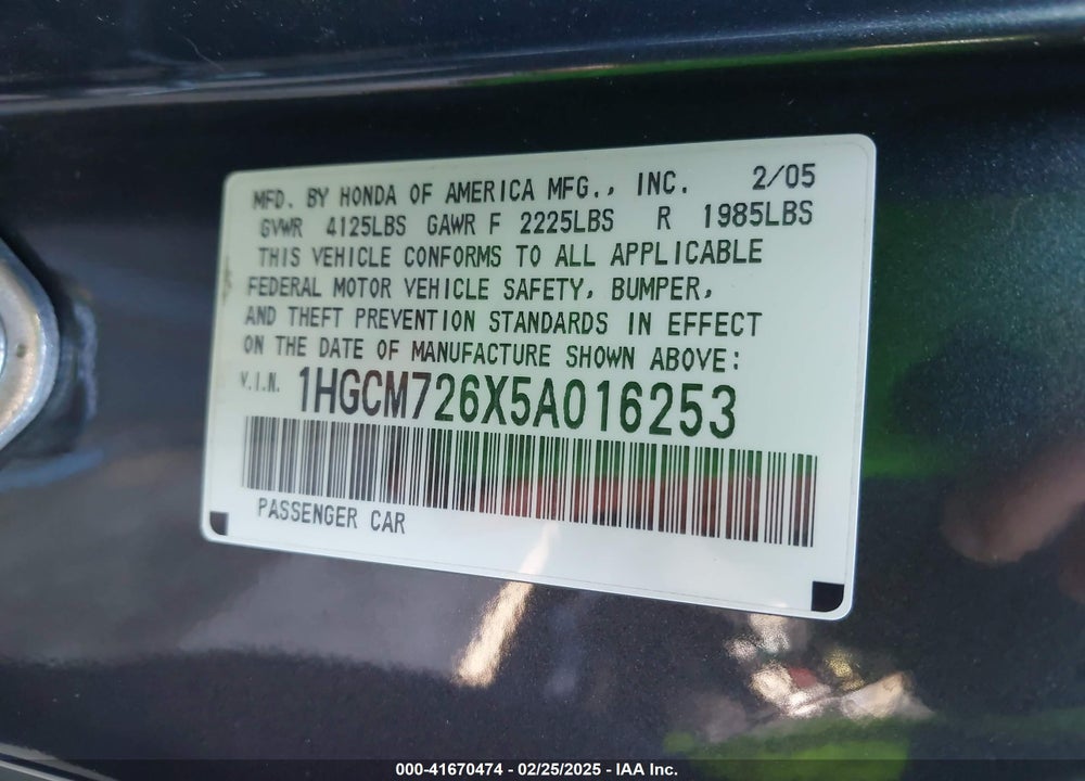 2005 HONDA ACCORD VIN: 1HGCM726X5A016253