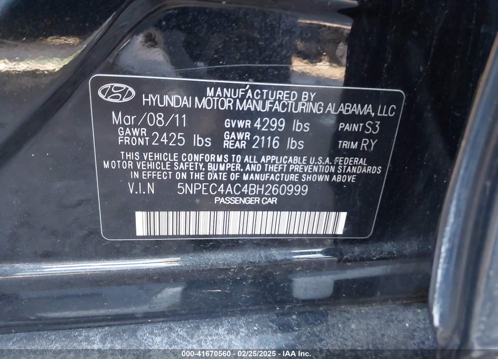 2011 HYUNDAI SONATA SE VIN: 5NPEC4AC4BH260999