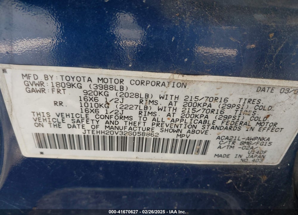 2002 TOYOTA RAV4 VIN: JTEHH20V326058862