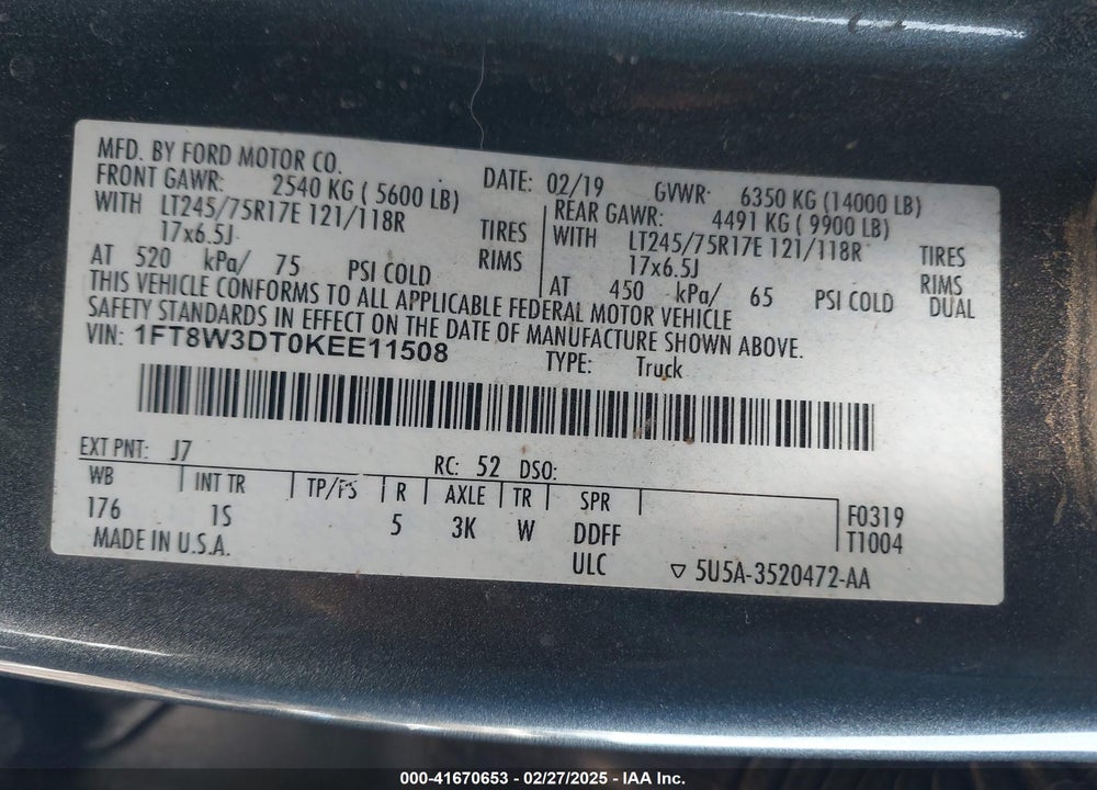 2019 FORD F-350 XL VIN: 1FT8W3DT0KEE11508