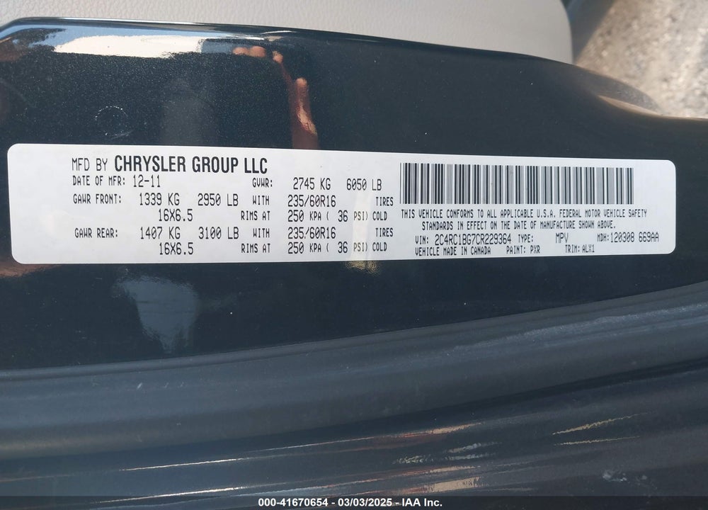 2012 CHRYSLER TOWN & COUNTRY VIN: 2C4RC1BG7CR229364