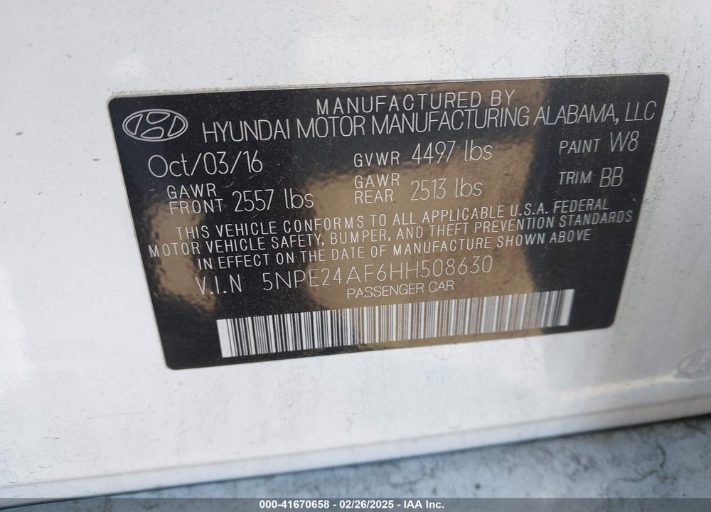 2017 HYUNDAI SONATA VIN: 5NPE24AF6HH508630