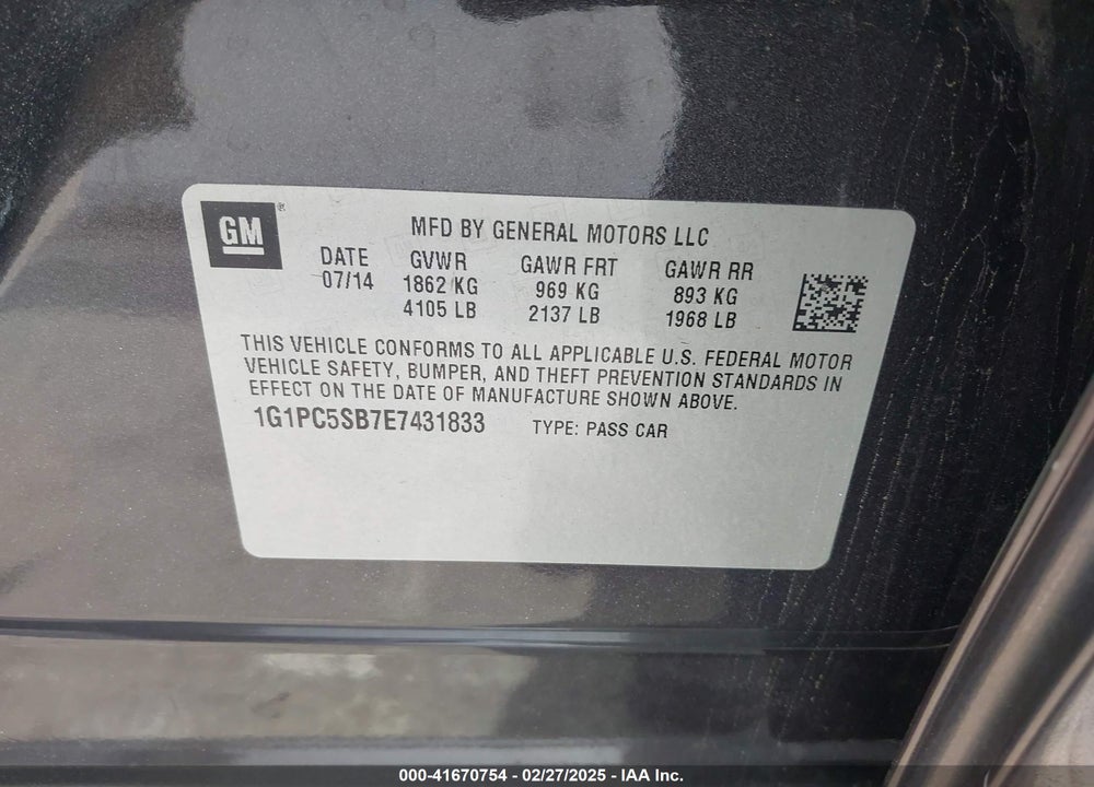 2014 CHEVROLET CRUZE VIN: 1G1PC5SB7E7431833