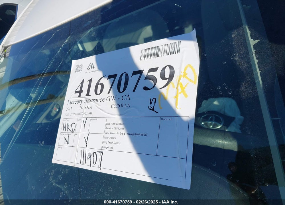 2015 TOYOTA COROLLA VIN: 5YFBURHEXFP231648