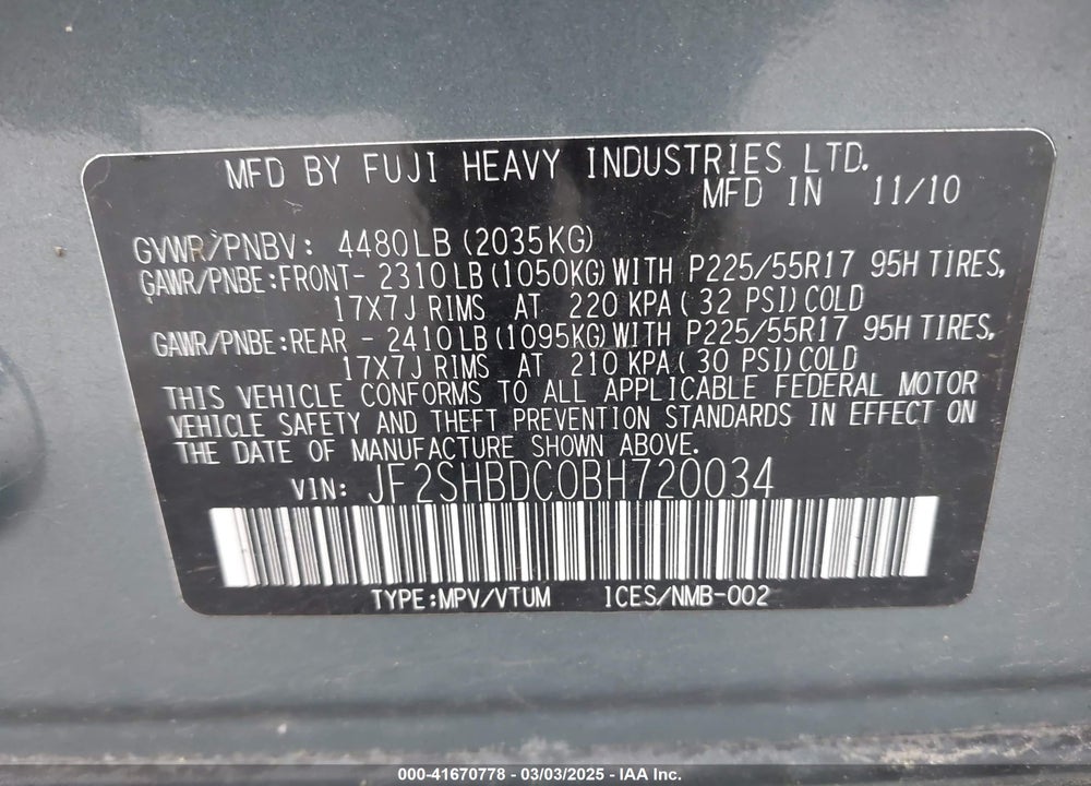 2011 SUBARU FORESTER VIN: JF2SHBDC0BH720034