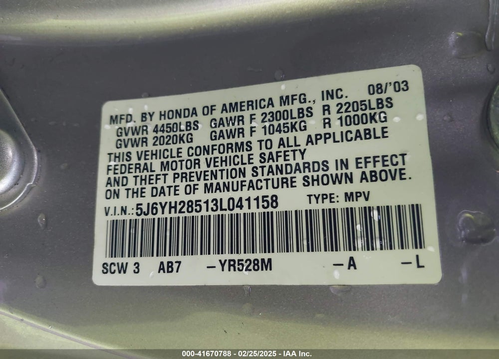 2003 HONDA ELEMENT EX VIN: 5J6YH28513L041158