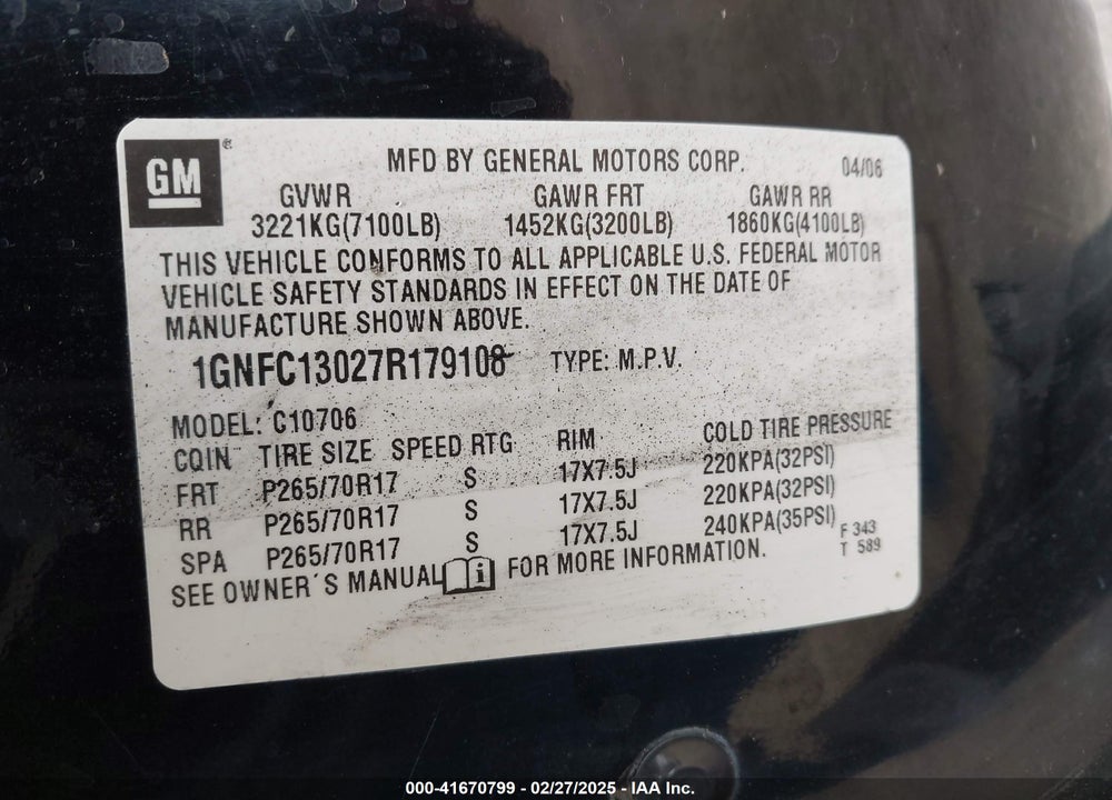 2007 CHEVROLET TAHOE VIN: 1GNFC13027R179108