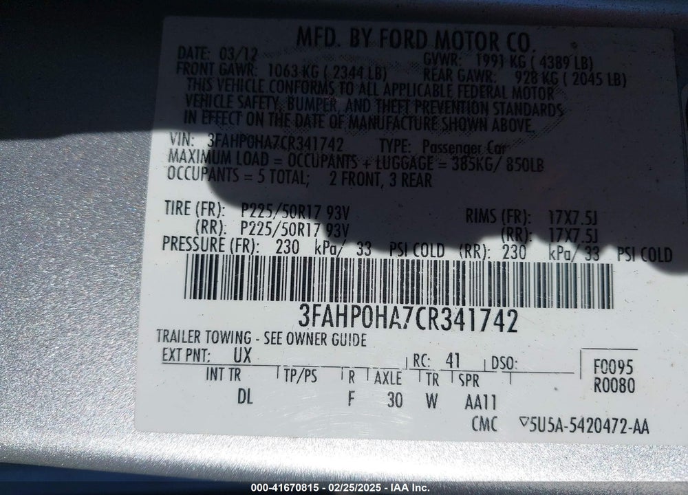 2012 FORD FUSION VIN: 3FAHP0HA7CR341742