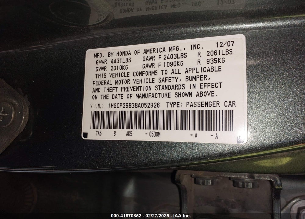 2008 HONDA ACCORD 2.4 EX-L VIN: 1HGCP26838A052926