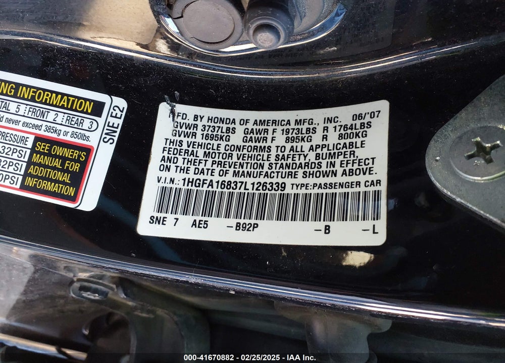 2007 HONDA CIVIC VIN: 1HGFA16837L126339
