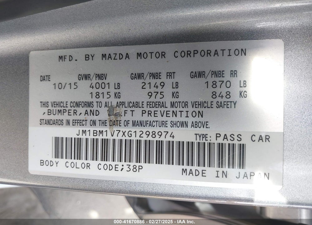 2016 MAZDA 3 I TOURING VIN: JM1BM1V7XG1298974