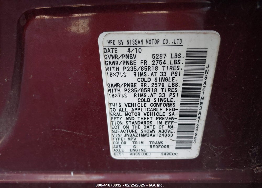 2010 NISSAN MURANO SL VIN: JN8AZ1MW3AW124863