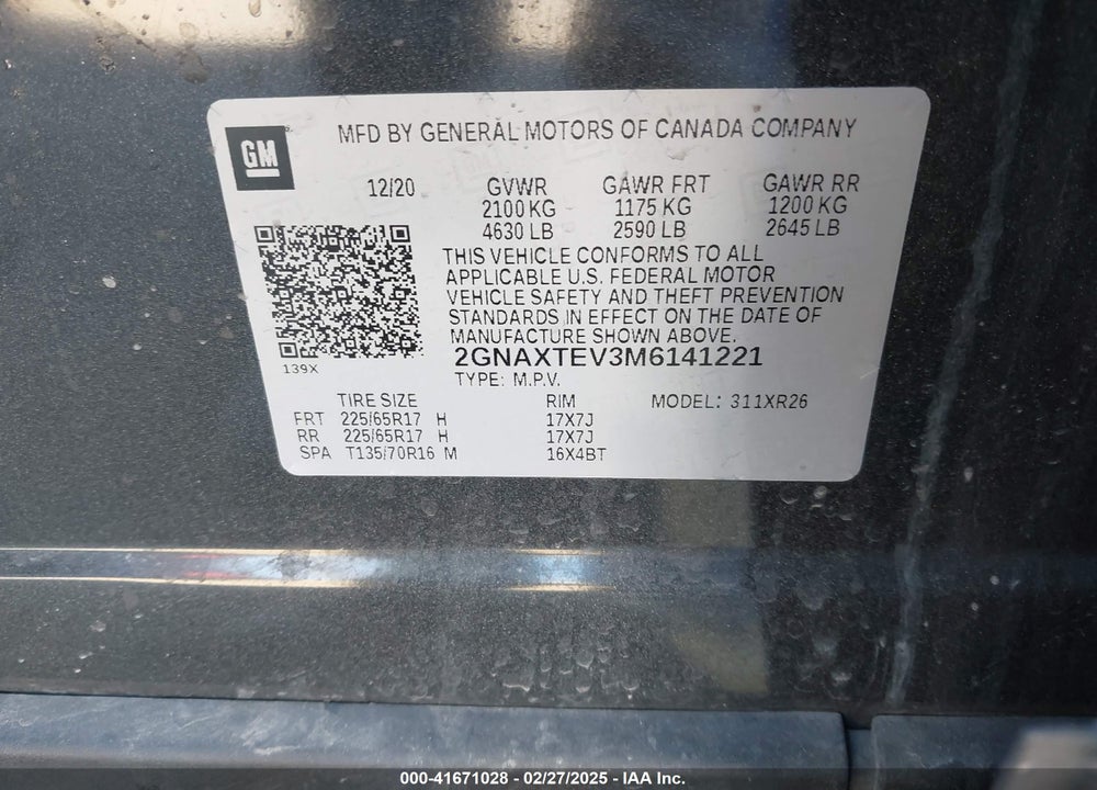 2021 CHEVROLET EQUINOX VIN: 2GNAXTEV3M6141221