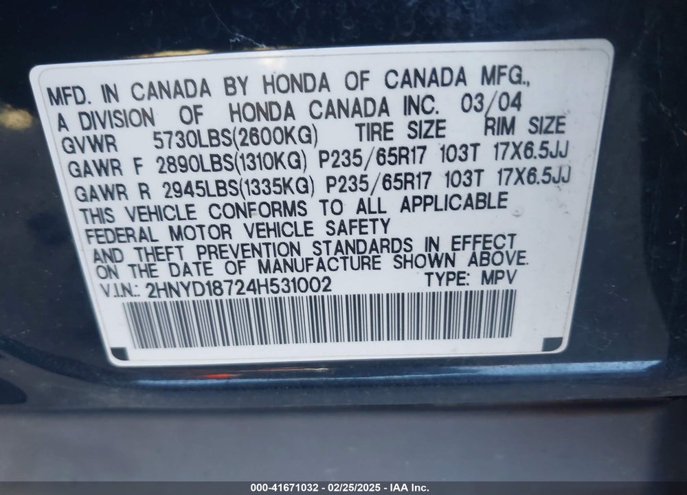 2004 ACURA MDX VIN: 2HNYD18724H531002