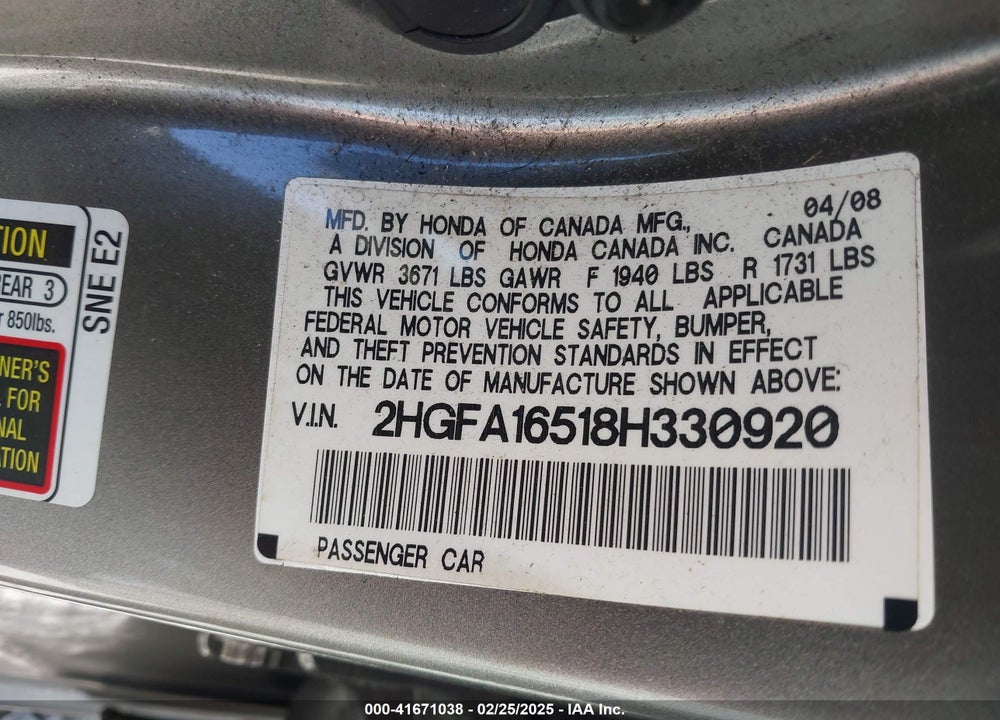 2008 HONDA CIVIC VIN: 2HGFA16518H330920
