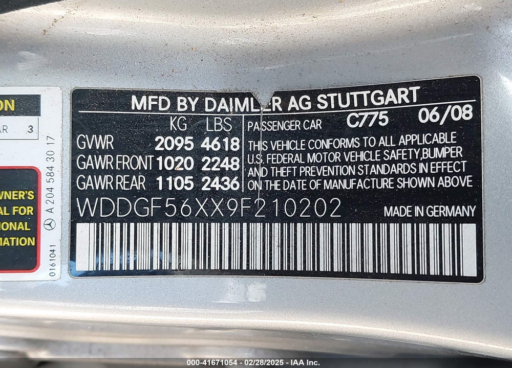 2009 MERCEDES-BENZ C 350 VIN: WDDGF56XX9F210202