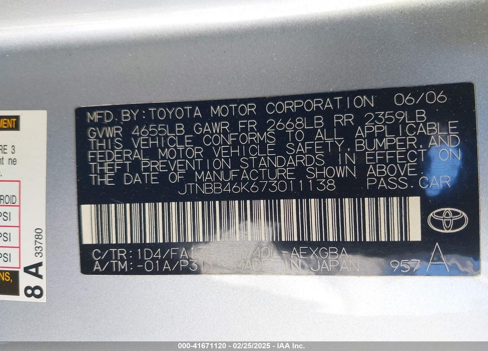 2007 TOYOTA CAMRY HYBRID VIN: JTNBB46K673011138