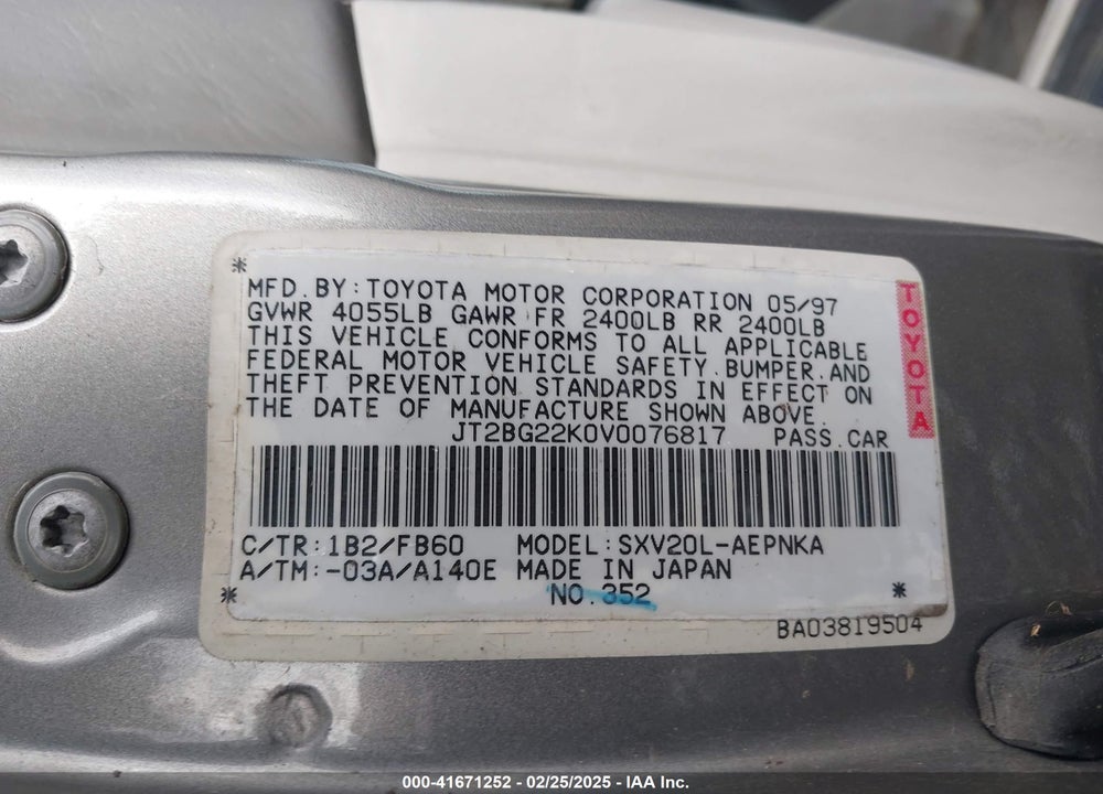 1997 TOYOTA CAMRY LE VIN: JT2BG22K0V0076817