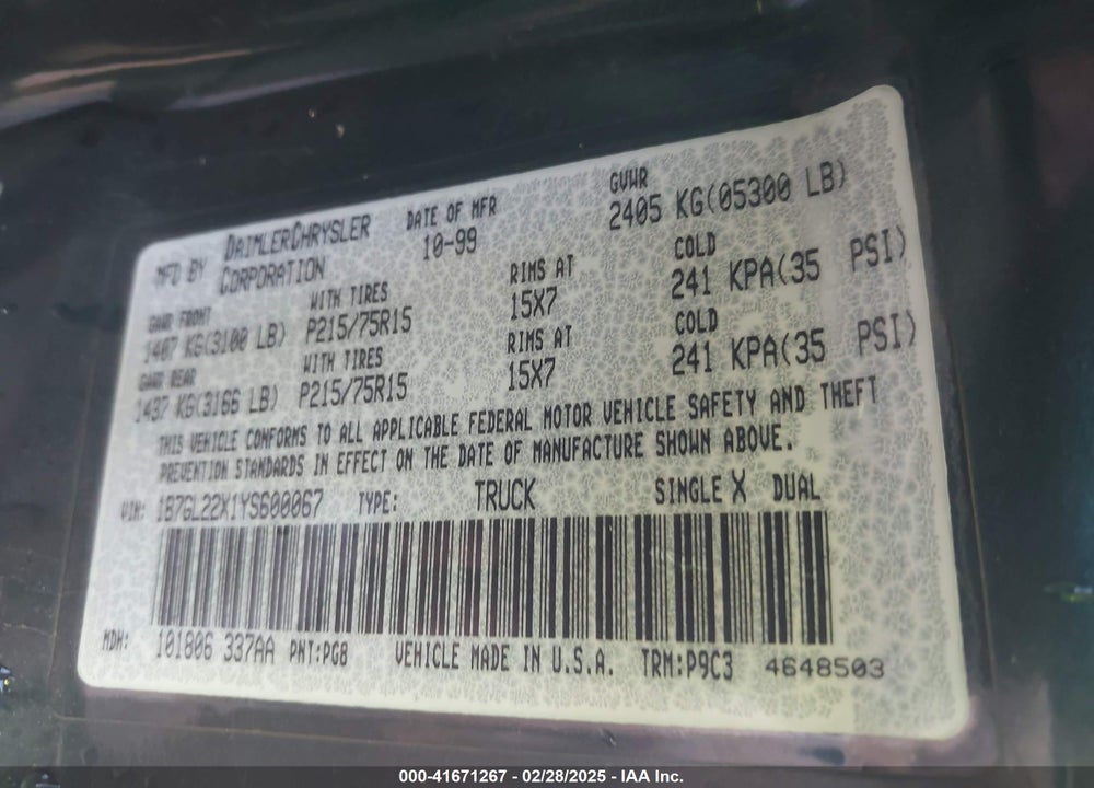2000 DODGE DAKOTA VIN: 1B7GL22X1YS600067
