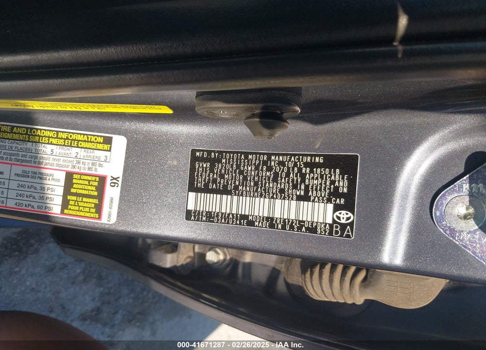 2016 TOYOTA COROLLA VIN: 5YFBURHE2GP407528