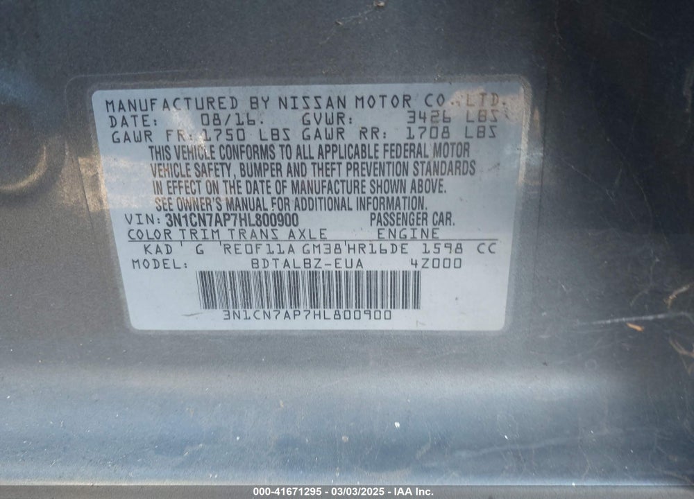 2017 NISSAN VERSA VIN: 3N1CN7AP7HL800900