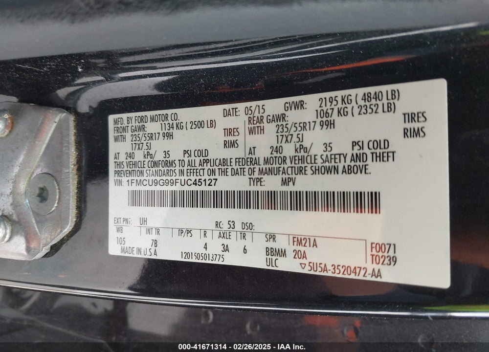 2015 FORD ESCAPE VIN: 1FMCU9G99FUC45127