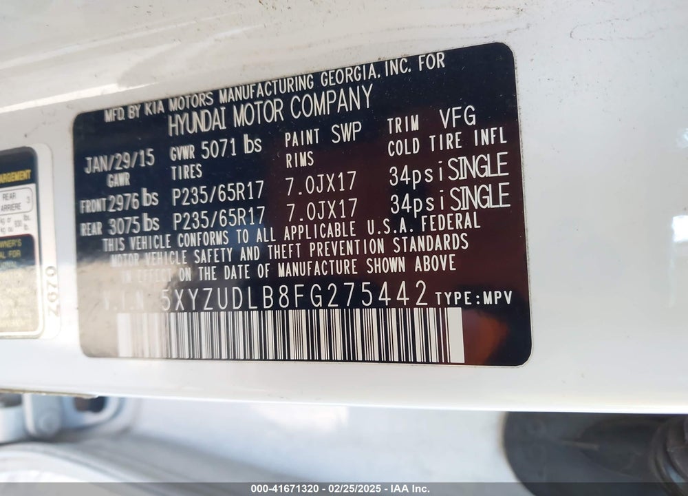 2015 HYUNDAI SANTA FE SPORT 2.4L VIN: 5XYZUDLB8FG275442