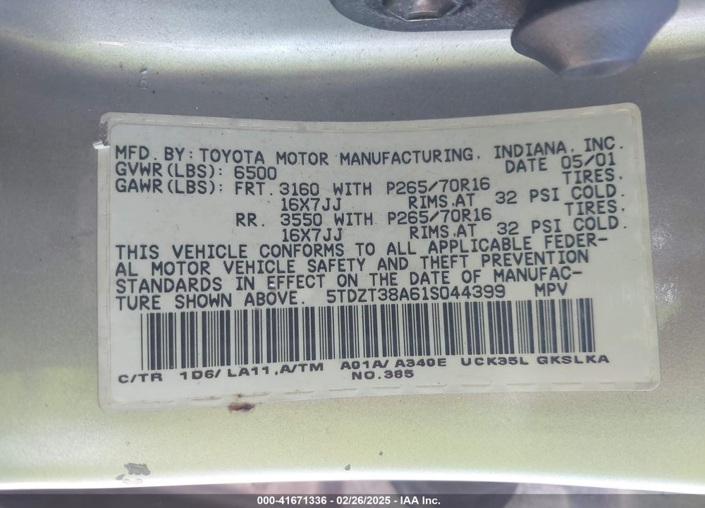 2001 TOYOTA SEQUOIA LIMITED V8 VIN: 5TDZT38A61S044399