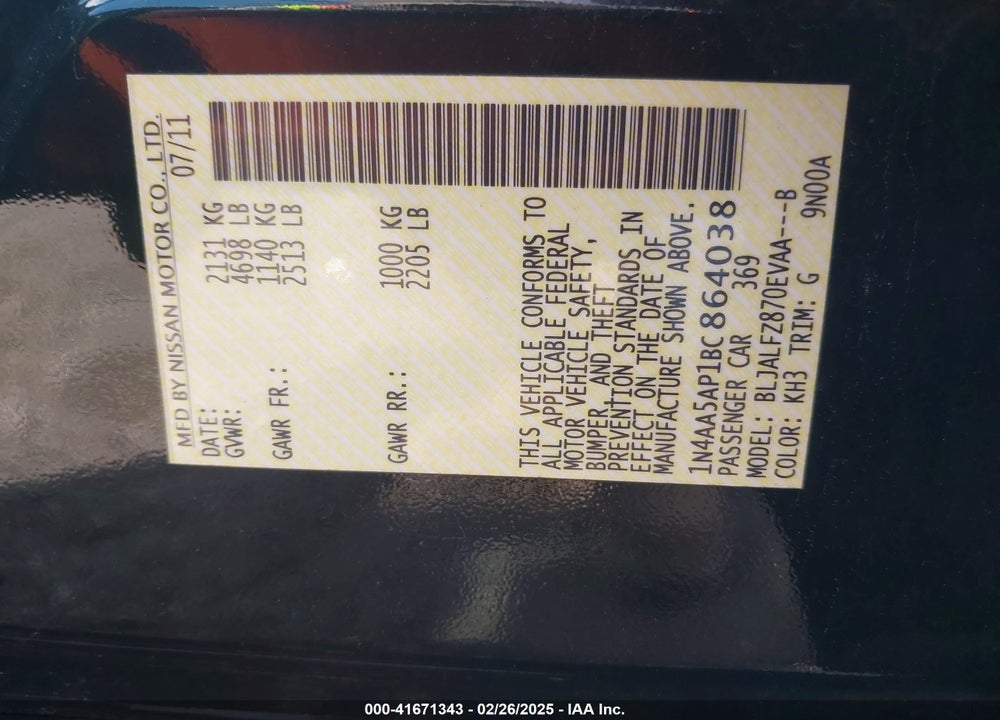 2011 NISSAN MAXIMA 3.5 SV VIN: 1N4AA5AP1BC864038