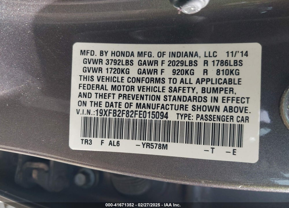 2015 HONDA CIVIC VIN: 19XFB2F82FE015094