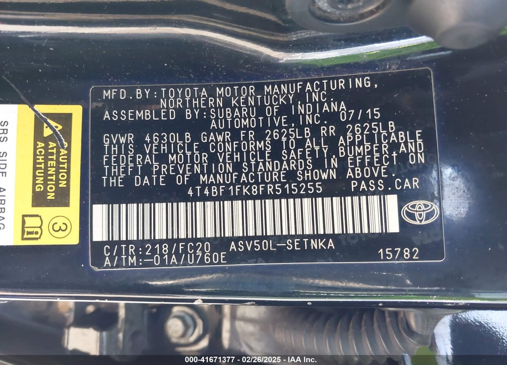 2015 TOYOTA CAMRY VIN: 4T4BF1FK8FR515255