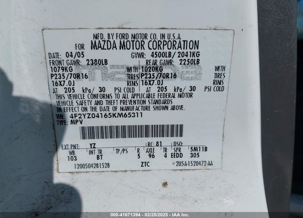 2005 MAZDA TRIBUTE S VIN: 4F2YZ04165KM65311