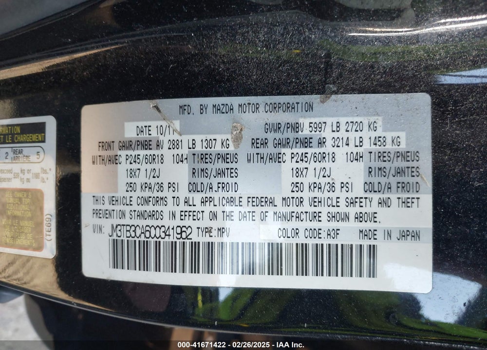 2012 MAZDA CX-9 VIN: JM3TB3CA6C0341962
