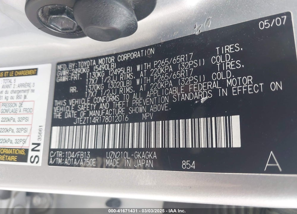 2007 TOYOTA 4RUNNER VIN: JTEZT14R178012016