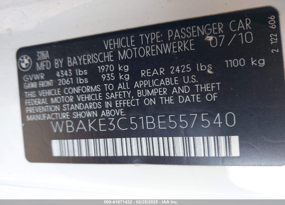 2011 BMW 328I VIN: WBAKE3C51BE557540