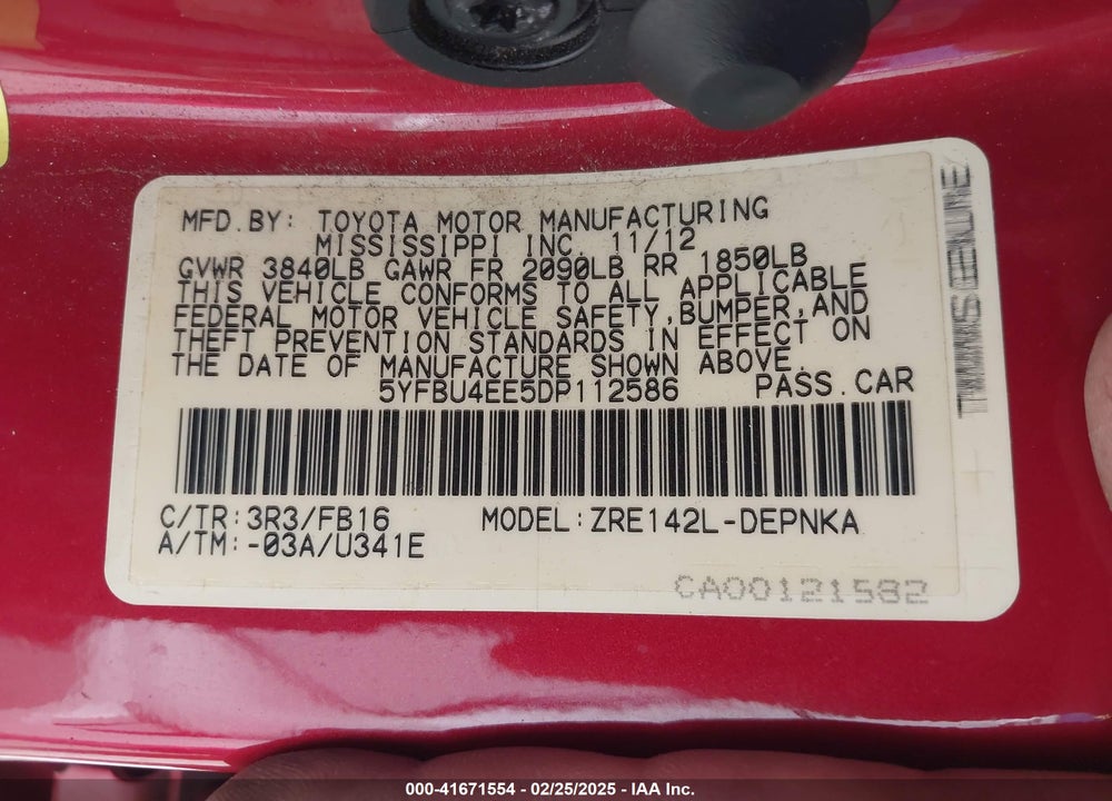 2013 TOYOTA COROLLA VIN: 5YFBU4EE5DP112586