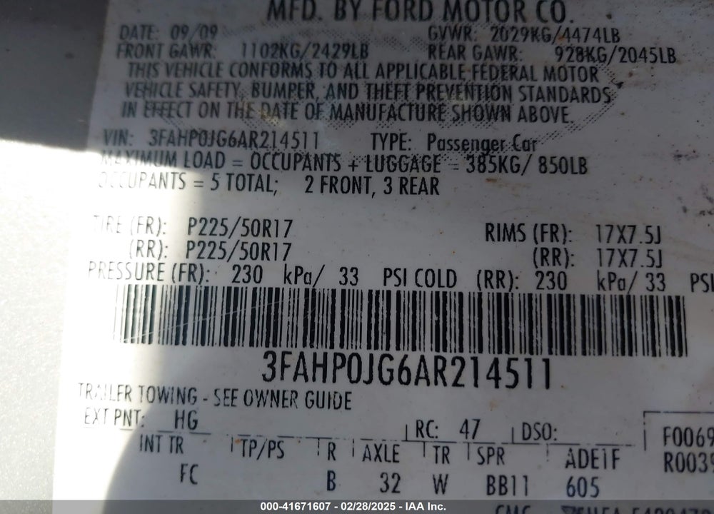 2010 FORD FUSION VIN: 3FAHP0JG6AR214511