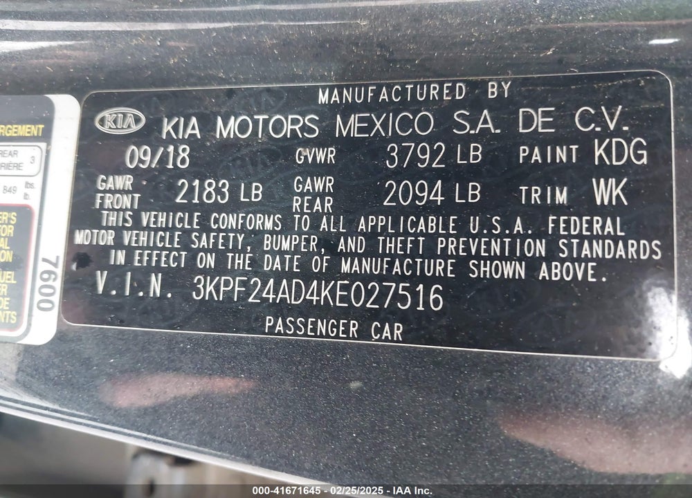 2019 KIA FORTE FE VIN: 3KPF24AD4KE027516