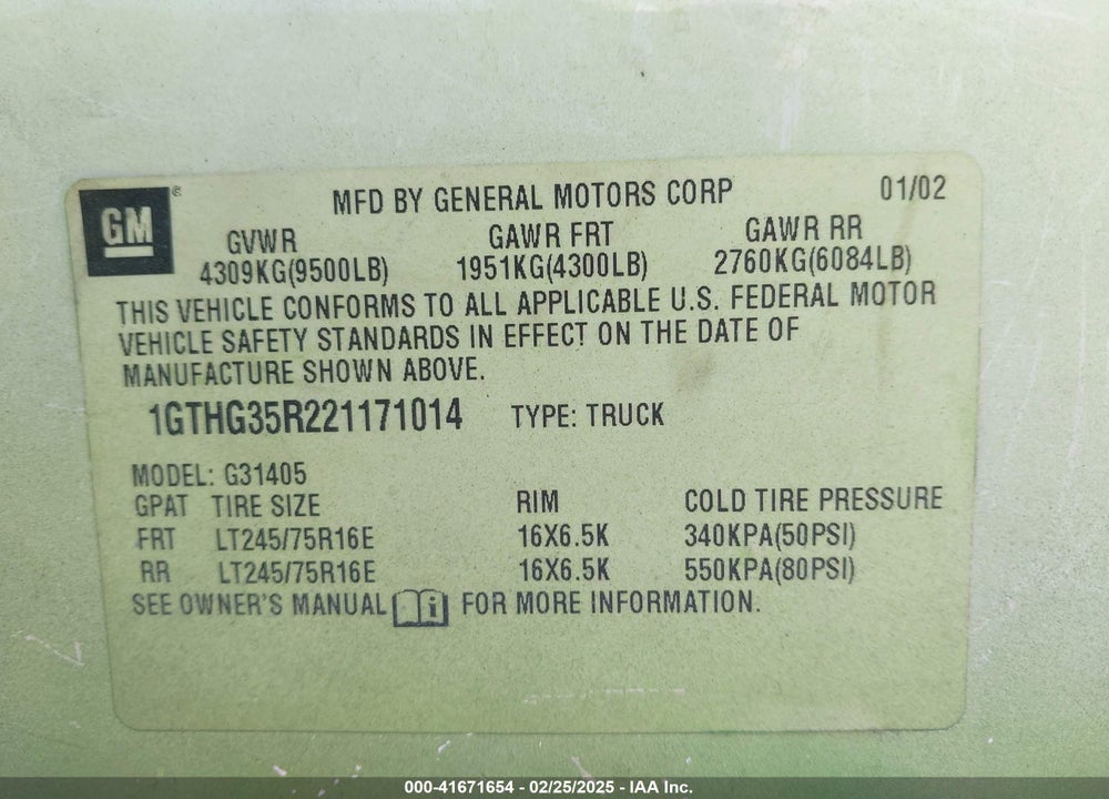 2002 GMC SAVANA STANDARD VIN: 1GTHG35R221171014