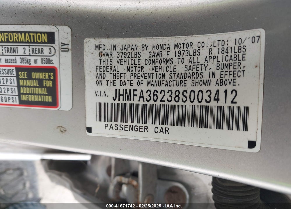 2008 HONDA CIVIC HYBRID VIN: JHMFA36238S003412