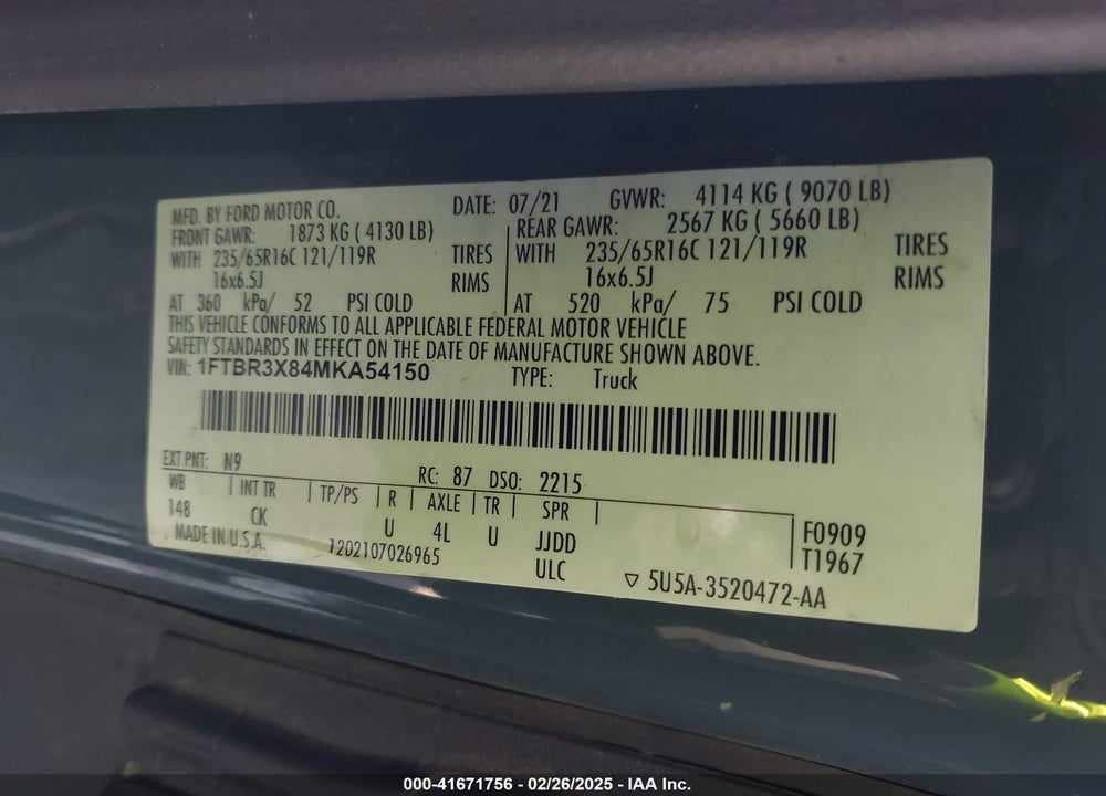 2021 FORD TRANSIT-250 CARGO VAN VIN: 1FTBR3X84MKA54150