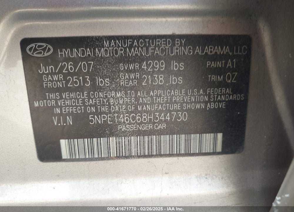 2008 HYUNDAI SONATA VIN: 5NPET46C68H344730