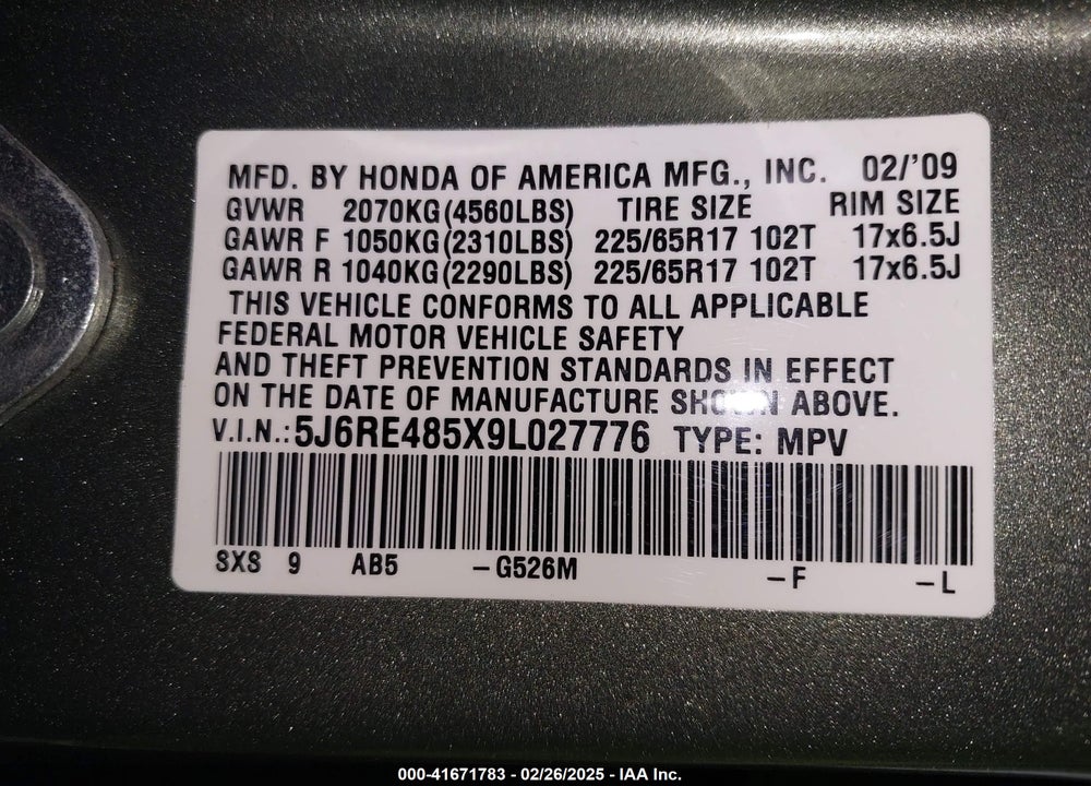 2009 HONDA CR-V VIN: 5J6RE485X9L027776
