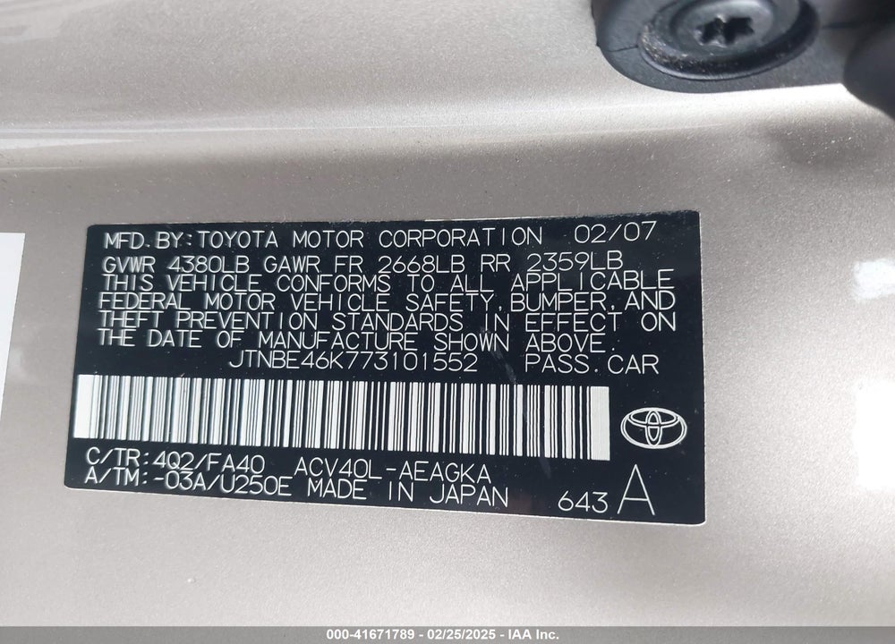 2007 TOYOTA CAMRY XLE VIN: JTNBE46K773101552