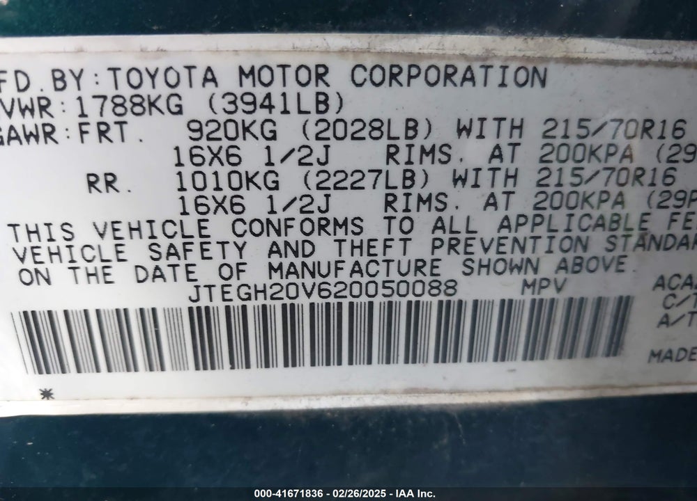 2002 TOYOTA RAV4 VIN: JTEGH20V620050088
